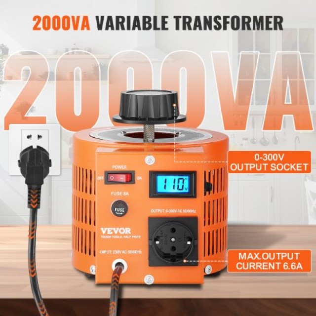 VEVOR 2000VA Μετασχηματιστής Τάσης 6.6A 0-300V Ρυθμιστής LCD CE  KBBYQYJPS200KLNNSV2