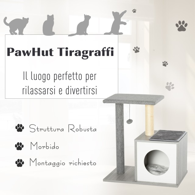 PawHut Cat Scratching Post Tree με κρεβάτι και κολόνα σε γκρι σχοινί σιζάλ 59x39x62cm D30-298