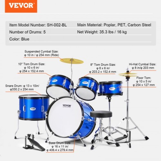 Παιδικό Σετ Τυμπάνων VEVOR 5 Τεμαχίων 16 Μπλε  WJTJZG5JT16LU8B1VV0