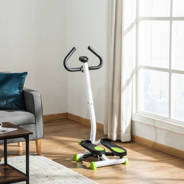 HOMCOM Stepper με τιμόνι, οθόνη LCD και αντιολισθητικά πετάλια, 55x44x108 εκ., λευκό και πράσινο A90-263WT