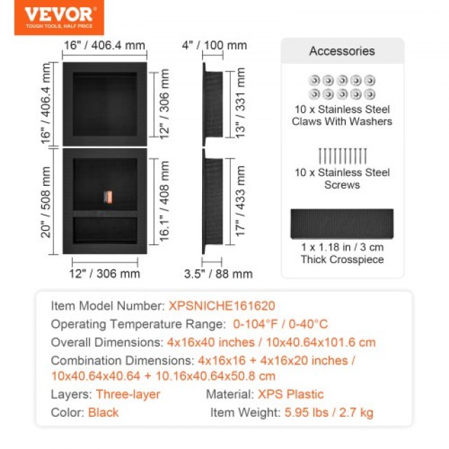 VEVOR Ντουλάπι Ντους για Πλακάκι 40.64x40.64cm & 40.64x50.8cm, Τριπ...