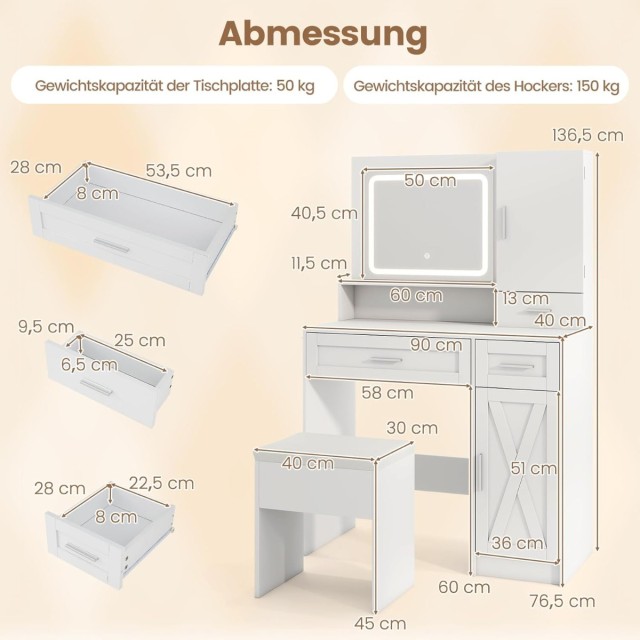 Costway Σετ Τουαλέτας Μακιγιάζ με Ενσωματωμένο Σταθμό Φόρτισης και ...