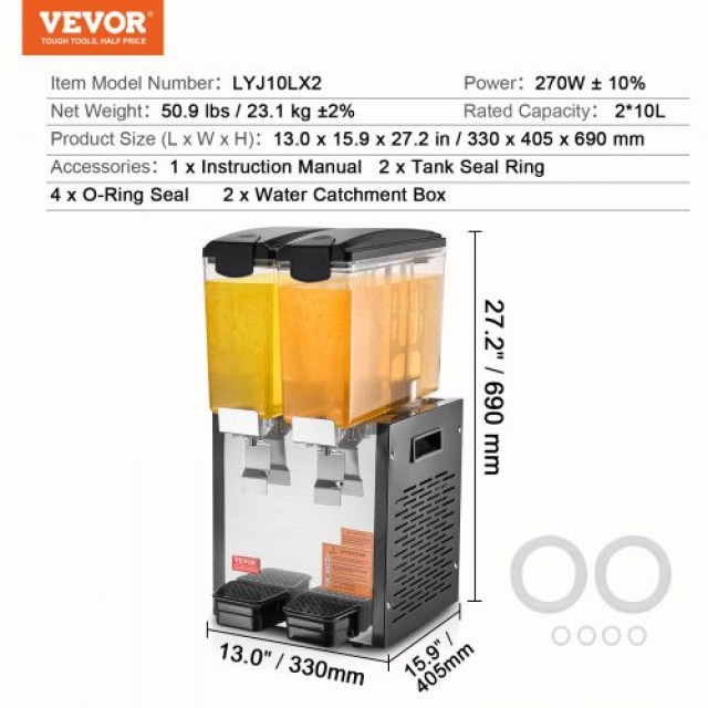 VEVOR  Εμπορικός Διανομέας Ποτών 2x10L για Κρύο Χυμό/Ποτό SYYLJJBSJXS1LN0XAV2