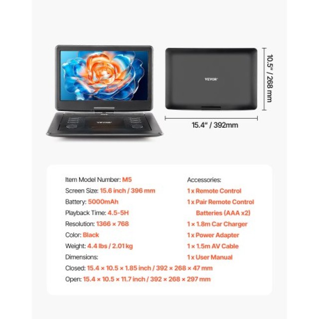 VEVOR Φορητό DVD Player 396mm HD Περιστρεφόμενη Οθόνη, 4.5-5 Ώρες Α...
