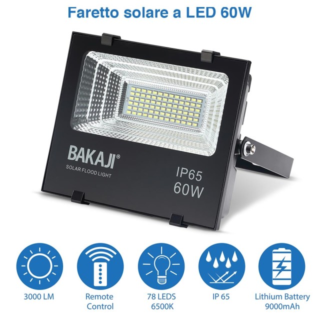 BAKAJI  Προβολέας LED 60W με Ηλιακό Πάνελ Εξωτερικού Χώρου Υψηλής Φ...