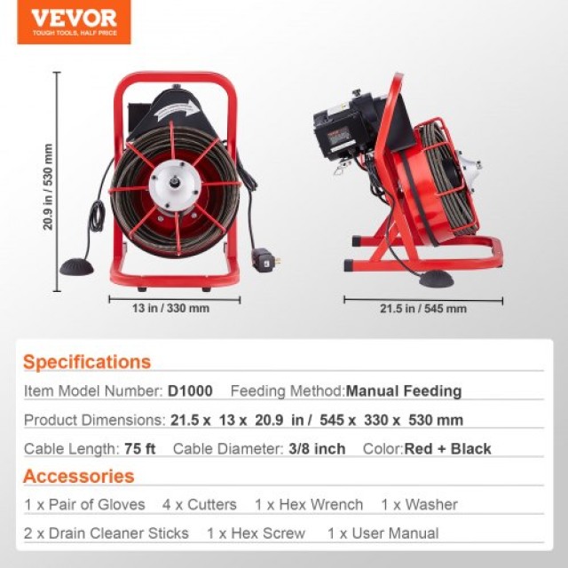 VEVOR Μηχανή Καθαρισμού Αποχέτευσης 75FT x 3/8 Χειροκίνητη & 4 Κόφτες  SDJJKLSGDSTJXKYV3V2
