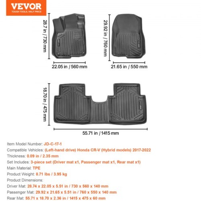 VEVOR  Πατάκια Αυτοκινήτου Honda CR-V Υβριδικό 2017-2022 3τμχ  SUVDBDBTCRVHWTWADV0