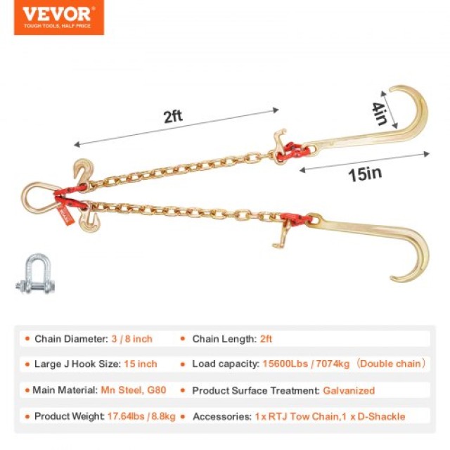 Αλυσίδα Ρυμούλκησης VEVOR 3/8x2 G80 με Γάντζο J & T 15600lbs  RTJGTLMGDX1JBVZY8V0