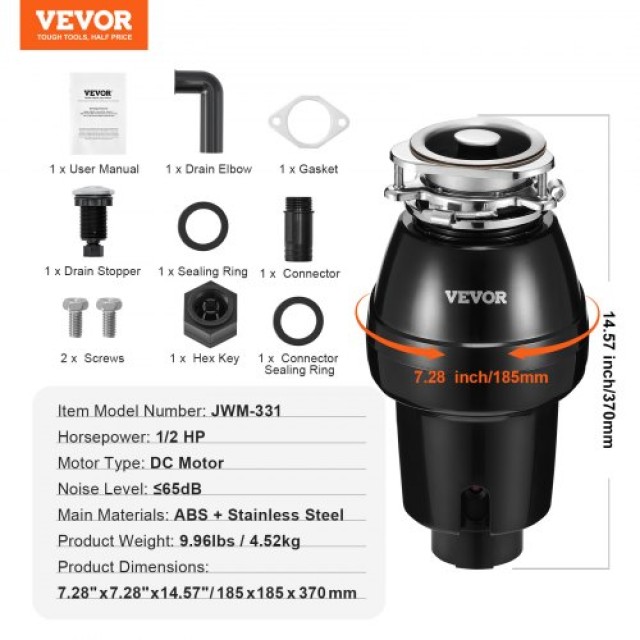 VEVOR  Απορριμματοφάγος 1/2 HP 3820 RPM 3-Βolt  GDLJCLQ12HPZU2ME7V2