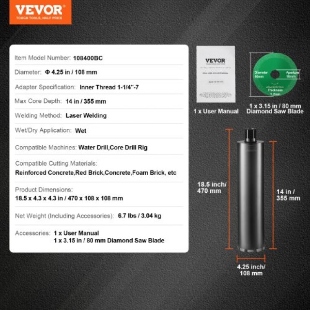 VEVOR Πυρήνας Διάτρησης 4.25 Υγρή Διαμαντοκορώνα για Σκυρόδεμα 14  ...