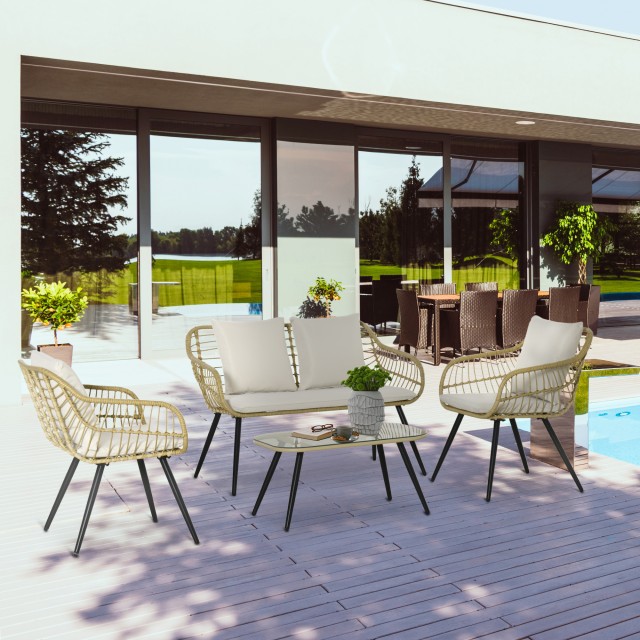 Outsunny Σετ Κήπου 4 Τεμαχίων με 2 Καρέκλες Κήπου, Διθέσιο Καναπέ και Χαμηλό Τραπεζάκι, Φυσικό και Κρεμ. 860-248V00BG