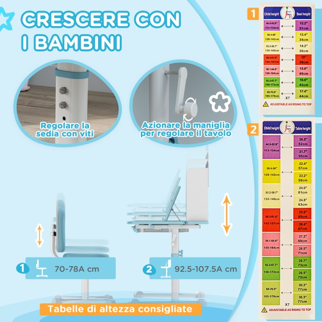 AIYAPLAY  Σετ Γραφείο και Καρέκλα για Παιδιά Ρυθμιζόμενα, Σχολικό Θρανίο με Κλίση Επιφάνειας, Συρτάρι, Ράφι, Μπλε  312-124V80BU