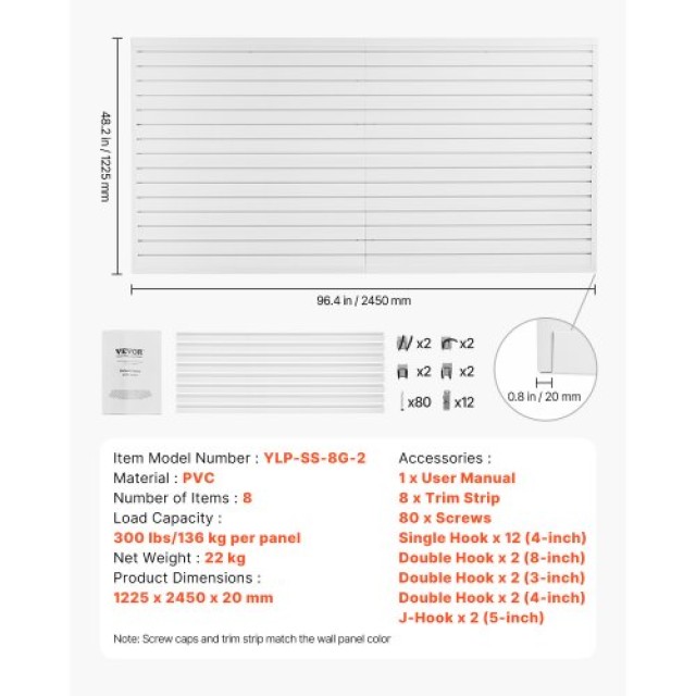 VEVOR Πάνελ Σχάρας PVC Λευκό 8x4 ft με Αξεσουάρ για Γκαράζ BTQBPVC32SQFKWPZFV0
