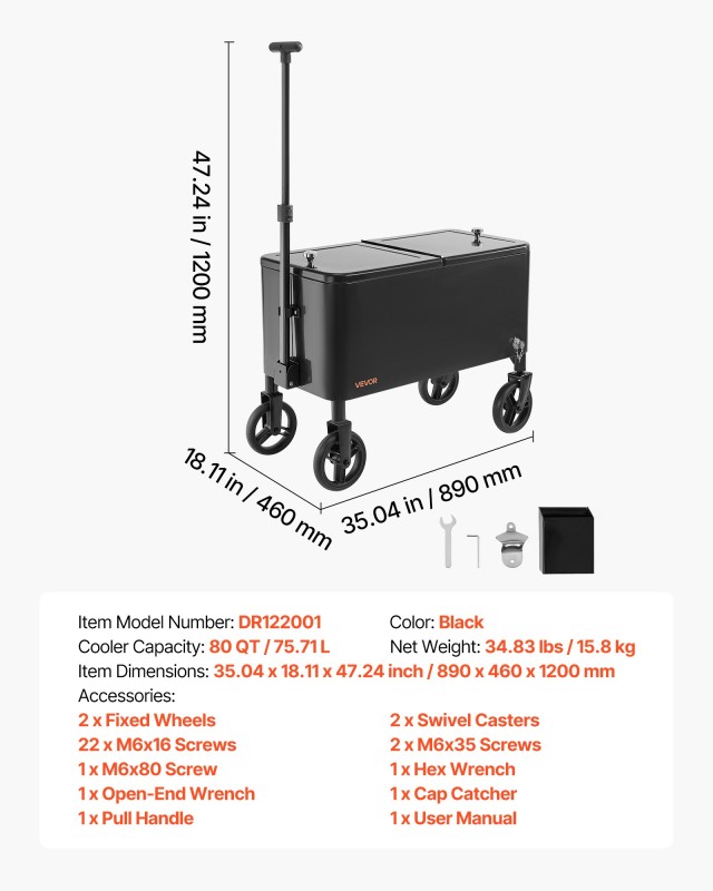 VEVOR Μεγάλη Φορητή Παγοθήκη σε Ρόδες 80QT, 890x460x1200 mm HWLQLCK...