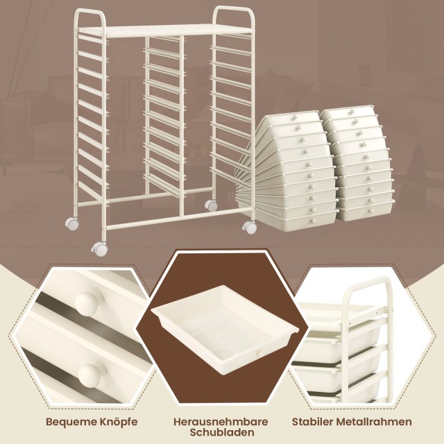 Costway Λευκός Τροχήλατος Μεταλλικός Διπλανός Κινητός Συρταριέρας μ...