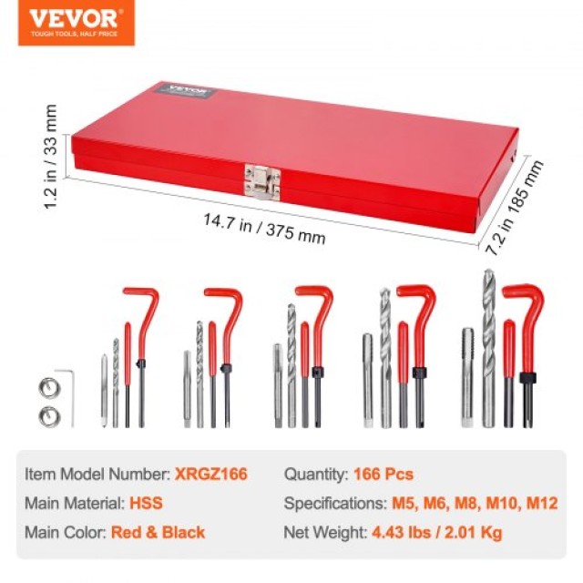 VEVOR  Σετ Επισκευής Σπειρωμάτων Helicoil 166 Τεμ. M5 M6 M8 M10 M12...