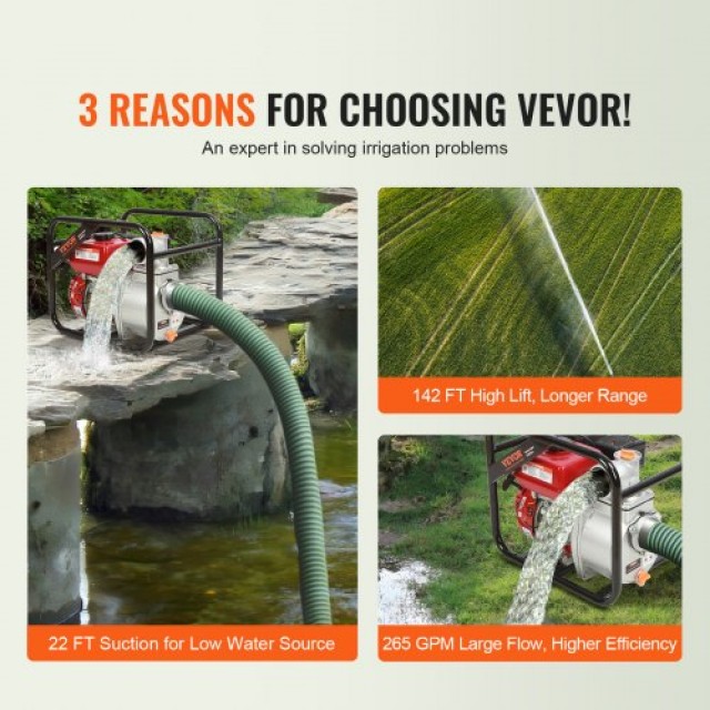 Αντλία Νερού Βενζίνης VEVOR 3, 7HP, 265 GPM, 4-Χρονη, Υψηλής Πίεσης, Φορητή, EPA Certified  RYFDJSBYCYC377WQQV0