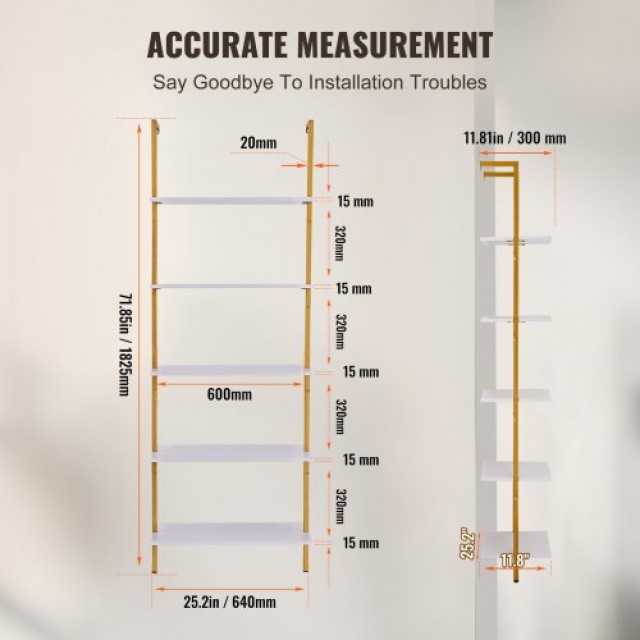 VEVOR  Ράφι Τετράγωνου Σωλήνα 5 Επιπέδων 24x11.8in Τοίχου Χρυσό Λευκό JSGZWJFGHMBJJLPOLV0