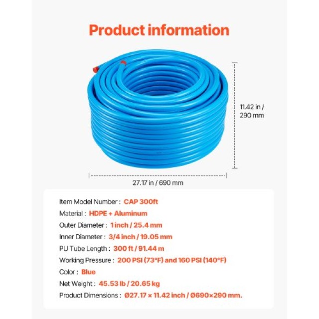 VEVOR  Σύστημα Αεροσυμπιεστή 3/4 x 300FT HDPE/Αλουμίνιο Μπλε  YSKQG...