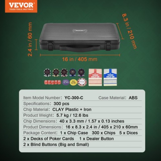 Σετ Πόκερ VEVOR 300 Τεμαχίων με Βαλιτσάκι, Μάρκες 14g, Τράπουλες & Ζάρια για Texas Holdem & Blackjack  PKCMTZCLAY308AR11V0
