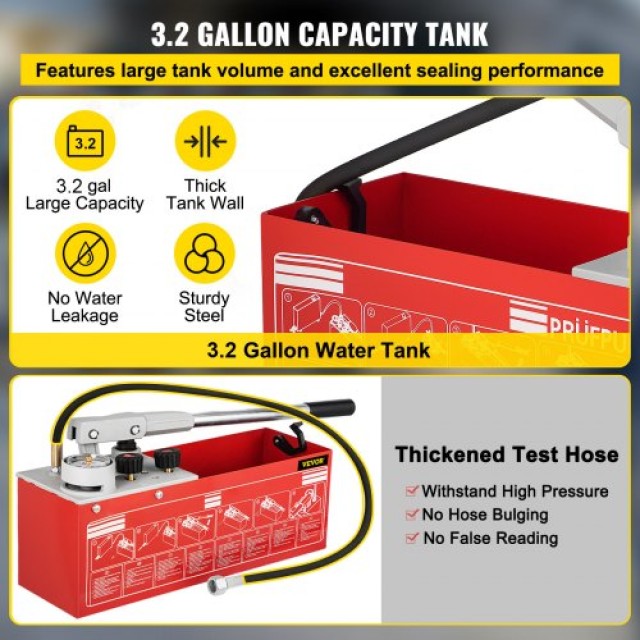 VEVOR Αντλία Υδροστατικής Πίεσης, Έως 60 bar/860 psi, Δοχείο 3.2 Γαλόνια, Υδραυλικός Χειροκίνητος Ελεγκτής Πίεσης Νερού με Μετρητή Τριών Μονάδων & Σύνδεση R 1/2 για Δοκιμή Πίεσης Αγωγών  SYBBDDWC60BARKSPIV0