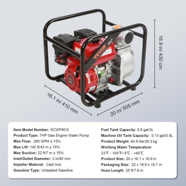 Αντλία Νερού Βενζίνης VEVOR 3, 7HP, 265 GPM, 4-Χρονη, Υψηλής Πίεσης, Φορητή, EPA Certified  RYFDJSBYCYC377WQQV0