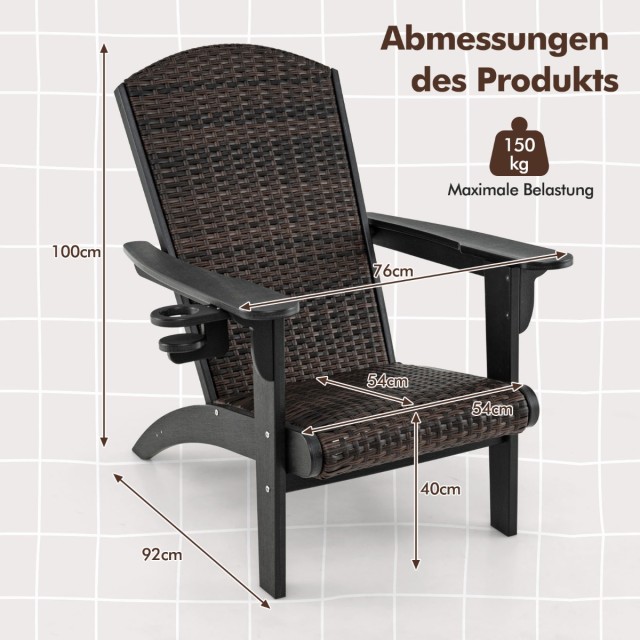 Costway Καρέκλα Adirondack με Ποτηροθήκη 92 x 76 x 100 εκ.από HDPE & Ρατάν Μαύρη NP11918BK