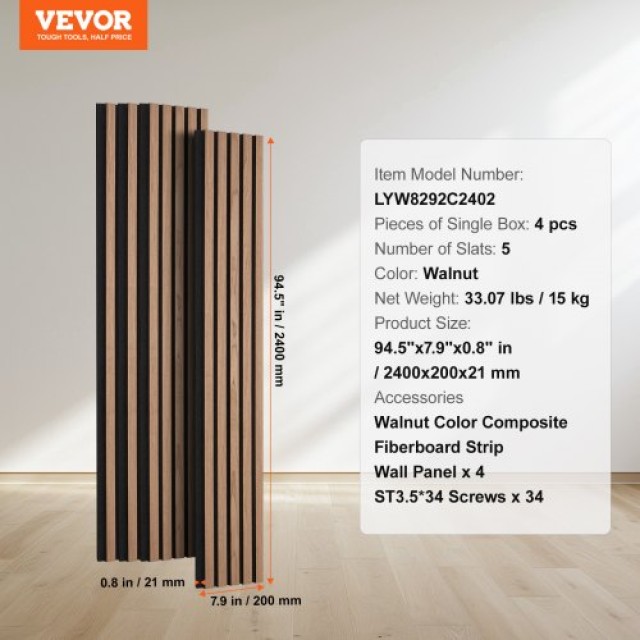 VEVOR  Ξύλινα Ακουστικά Πάνελ 20x240 εκ. για Μοντέρνα Διακόσμηση Τοίχου Καρυδιά  FHXWBTQBHTMLXCA3KV0