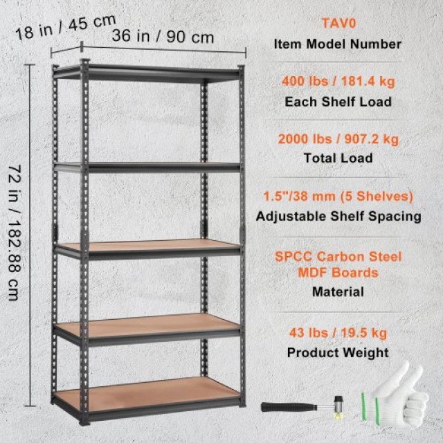 VEVOR Ράφι Αποθήκευσης 5 Επιπέδων, 907 kg, Μεταλλικό, 91x46x183 cm, Μαύρο SXHJC18DX36WX7LTAV0