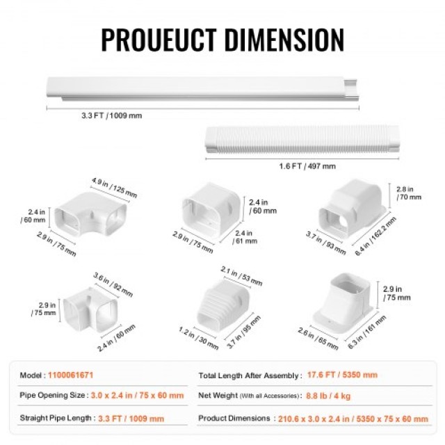 VEVOR  Κάλυμμα Γραμμής Mini Split 76.2mm Π x 5350mm Μ, Διακοσμητικός Σωλήνας PVC για Κλιματιστικό με 4 Ευθείες Διώρυγες & Πλήρη Εξαρτήματα, Εύκολη Εγκατάσταση, Βαφή για Αντλίες Θερμότητας, Λευκό BSKSQFTSKDGXAZ41JV0