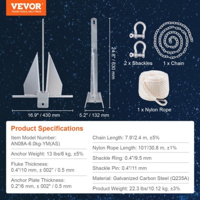 Σετ Άγκυρας VEVOR Fluke, 13 LBS Γαλβανισμένο Ατσάλι με Αλυσίδα 7.9, Σχοινί 101 και Δύο Σακίδια 0.4, Για Σκάφη Κάτω των 30  FLKMYJTDXG136W8VGV0