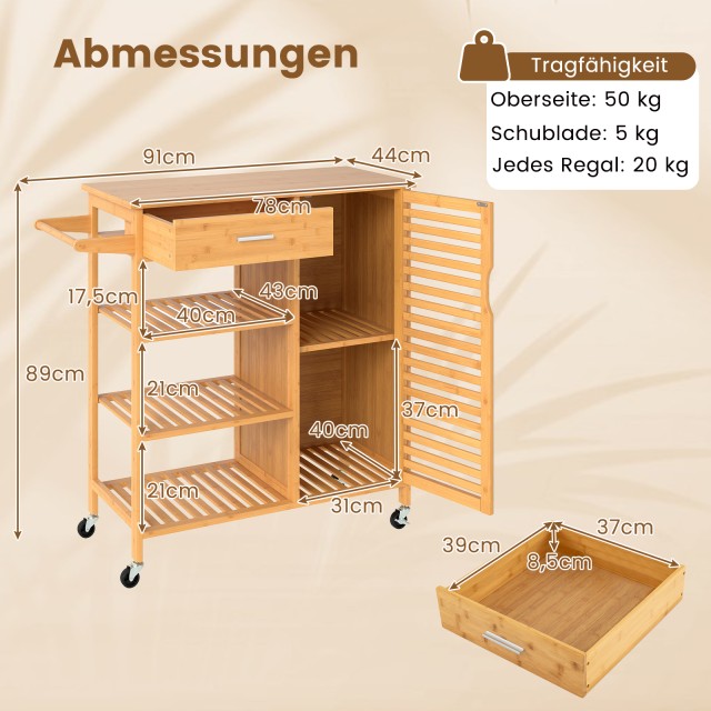 Costway Φυσικός Μπαμπού Τροχήλατος Κουζίνας με Συρτάρι και Ράφια KC...