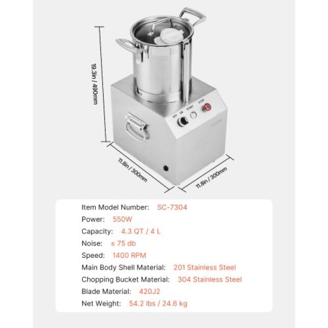 VEVOR  Επεξεργαστής Τροφίμων & Κόπτης Λαχανικών 4L Ανοξείδωτος Ατσά...