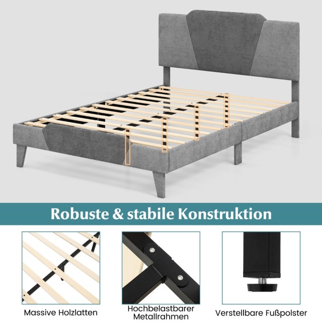 Costway Γκρι Βελούδινο Πλατφόρμα Κρεβάτι 140 x 200 εκ. Με Κεφαλάρι ...