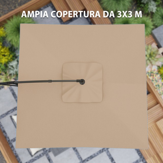 Outsunny Ομπρέλα με βραχίονα 3x3 μ με ρυθμιζόμενο κάλυμμα και βάση σε σχήμα σταυρού, από μέταλλο και πολυεστέρα, χρώματος χακί. 84D-423V00KK