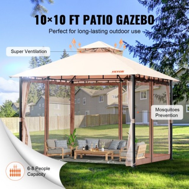 VEVOR Κιόσκι Πάτιο 10x10 FT με Κουνουπιέρα και Μεταλλικό Σκελετό για 6-8 Άτομα  TYLTZZ10X10FTV427V0