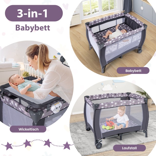 Costway Πτυσσόμενο Παρκοκρέβατο 3 σε 1 με Μαξιλάρι και Παιχνίδια - ...