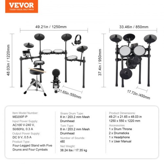 VEVOR  Ηλεκτρονικά Τύμπανα 480 Ήχοι για Αρχάριους & Ενήλικες  SJZJD...