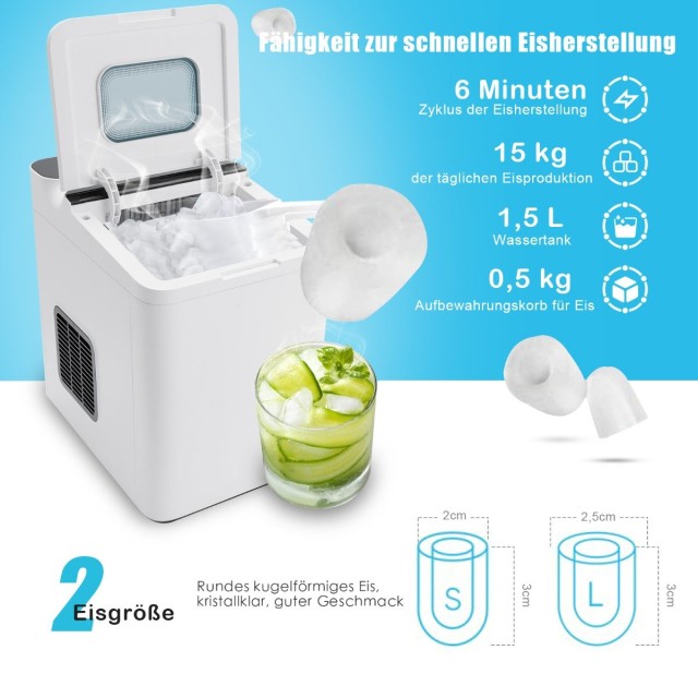 Costway  Συσκευή Παραγωγής Παγάκια με Δεξαμενή 1,5L και Καλάθι 0,5kg - Παραγωγή έως 15kg/ημέρα, Διπλή Επιλογή Μεγέθους Παγάκια, Αυτόματος Καθαρισμός ES10331DE-WH