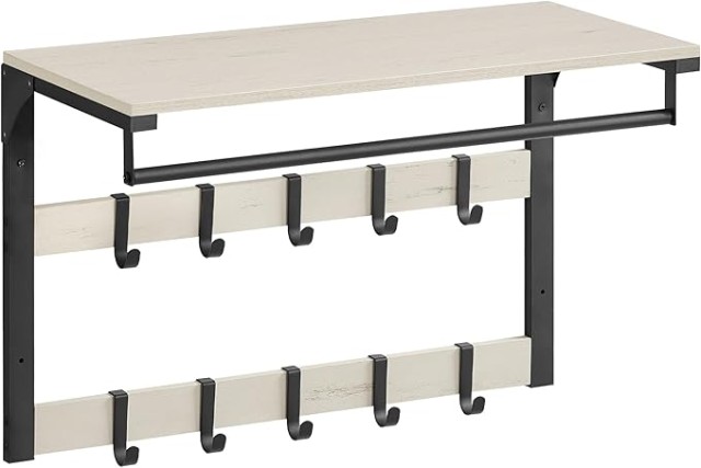 VASAGLE Ράφι Τοίχου 65x30x30cm με Αφαιρούμενους Γάντζους και Κρεμαστή Ράγα σε Ρουστίκ Λευκό LCR101W03