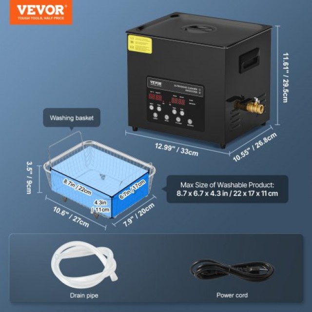 VEVOR Καθαριστικό Υπερήχων 10L με Καλάθι, Θερμαντήρα και Χρονοδιακό...