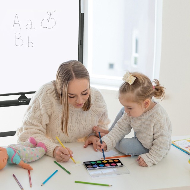 Costway  Μεγάλος Πίνακας Whiteboard 90 x 120 cm με Διπλή Όψη και Ρυθμιζόμενο Ύψος, Περιλαμβάνει Αξεσουάρ και Ρόδες για Εύκολη Μετακίνηση CB10389BK