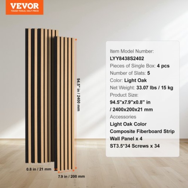 VEVOR  Ξύλινα Ακουστικά Πάνελ 20x240cm για Μοντέρνα Διακόσμηση Τοίχου Ανοιχτό Δρυς FHXWBTQBQXMLJP625V0