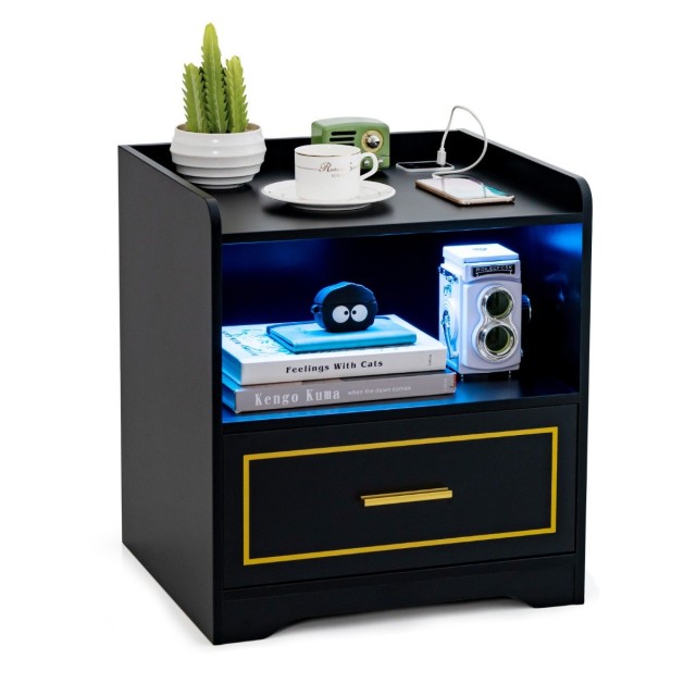 Costway  Κομοδίνο με LED Φως, Θύρα USB, Σταθμό Φόρτισης Τύπου-C και Αισθητήρα Κίνησης Μαύρο 40 x 30 x 60 εκ. HU10563DE-BK