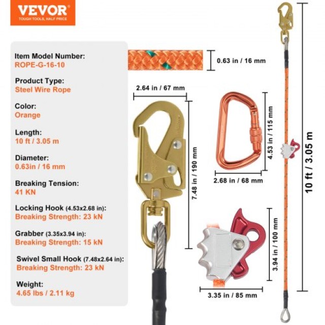 VEVOR Ατσάλινος Πυρήνας 16mm Flipline 10ft για Ασφάλεια Υψηλών Προτ...