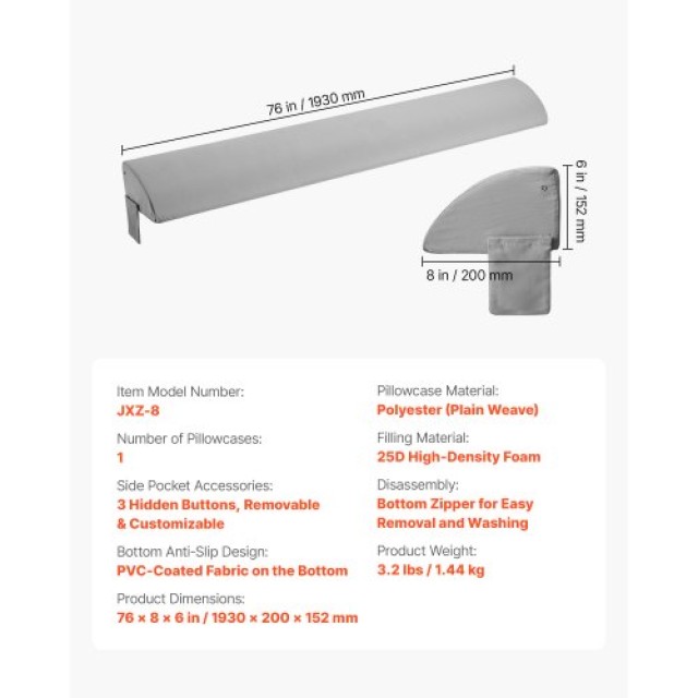 VEVOR Μαξιλάρι Σφήνα Κεφαλαριού 76 x 8 x 6 για Κενό 0-5 JXZ7668INCH1LCFEU002V0
