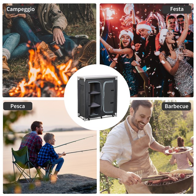 Κουζίνα Camping Outsunny από αλουμίνιο με διπλό ντουλάπι, 3 ράφια και τσάντα μεταφοράς A20-159