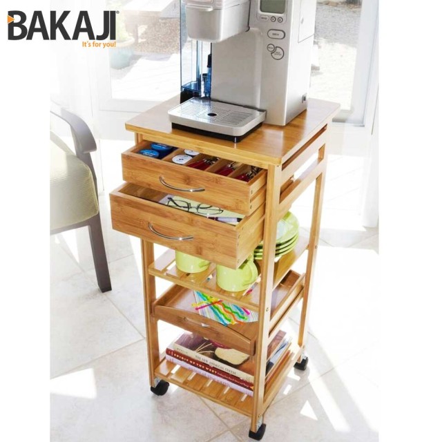 BAKAJI  Ξύλινο Καρότσι Κουζίνας από Μπαμπού με 3 Ράφια, 2 Συρτάρια για Μαχαιροπίρουνα, Δίσκο και Ρόδες 02662778