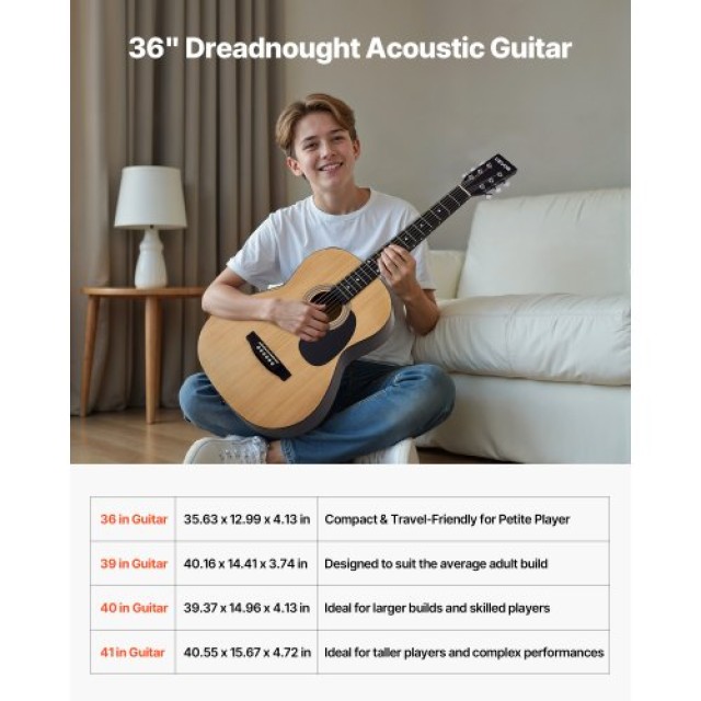 VEVOR Δέμα Ακουστικής Κιθάρας Dreadnought 36 για Αρχάριους με Θήκη ...