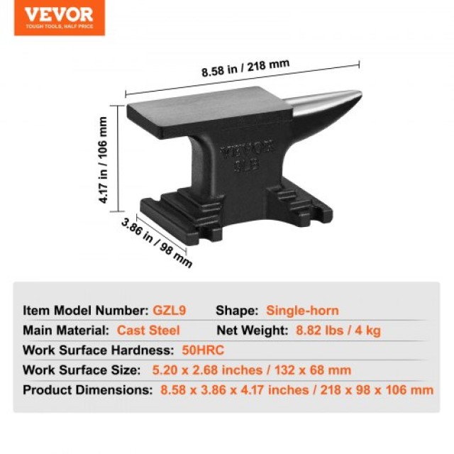 Αμόνι Μονής Κέρατος VEVOR 4kg, Χυτοχάλυβας, Σφυρηλάτηση & Μορφοποίη...